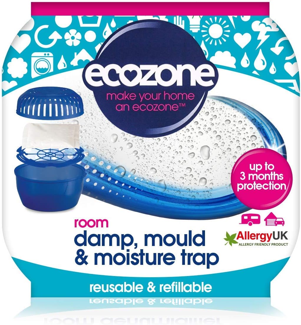 Ecozone Room Damp, Mould & Moisture Trap, Portable Dehumidifier Device, Re-Usable & Re-Fillable, 3 months Protection for Bedrooms, Bathrooms, Garages, Kitchens & Caravans, Vegan Friendly (Single)
