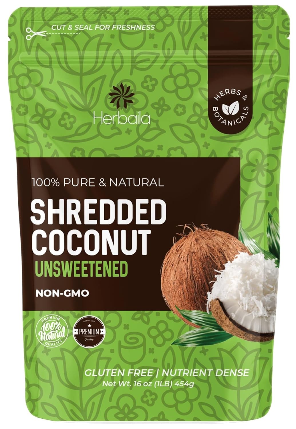 Herbaila Shredded Coconut Unsweetened, 1 lb. Unsweetened Coconut Flakes, Dried Coconut Shavings, Shredded, Flaked Coconut Shreds. All Natural, Non GMO, Pure Unsweetened Shredded Coconut 16 oz.