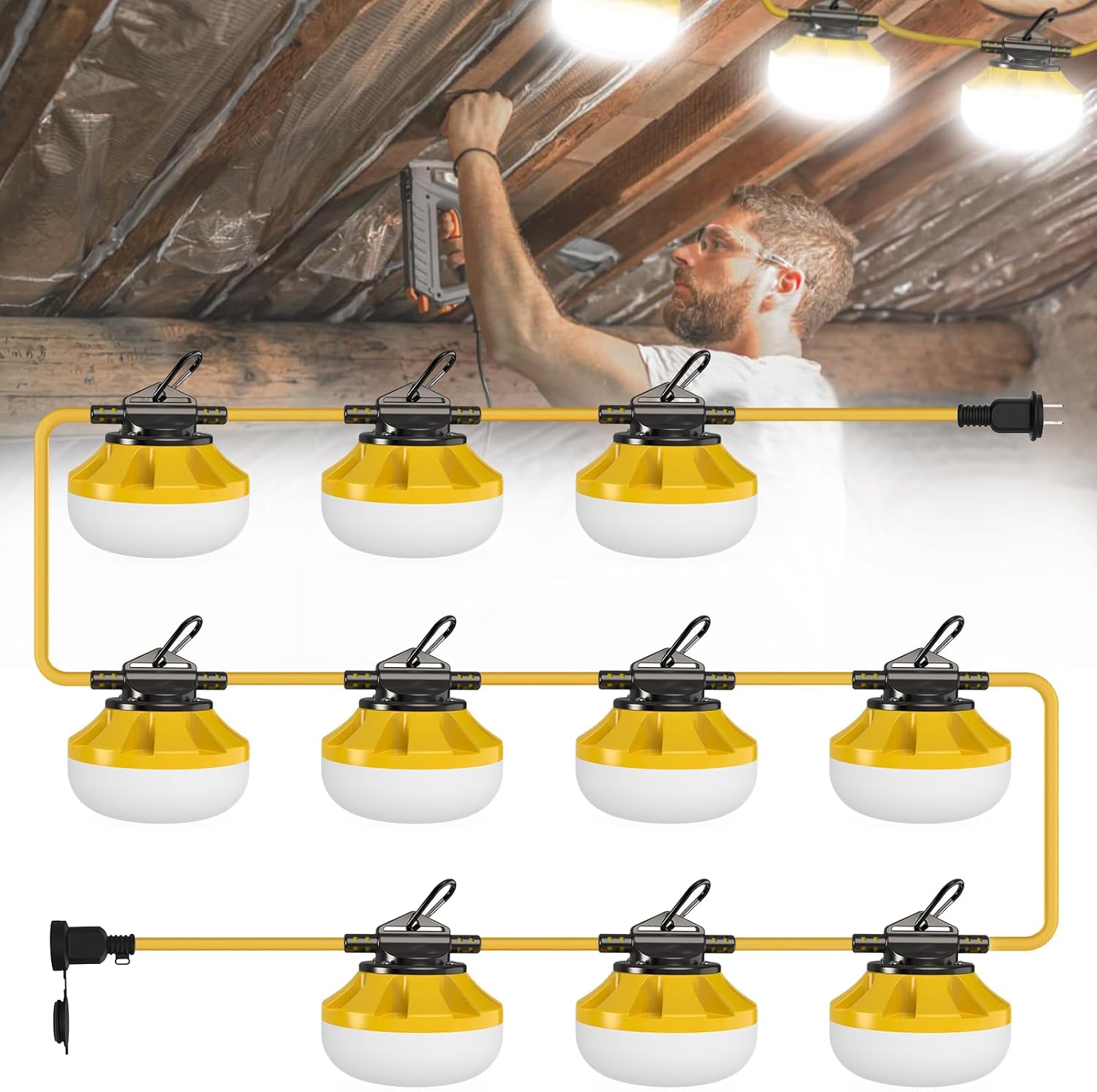 100FT Construction String Lights: 100W Led Construction String Lights with 5 Bulbs & Hooks, IP65 Attic Lighting 5000K Linkable Hanging Work Light for Crawlspace, Basement, Backyard