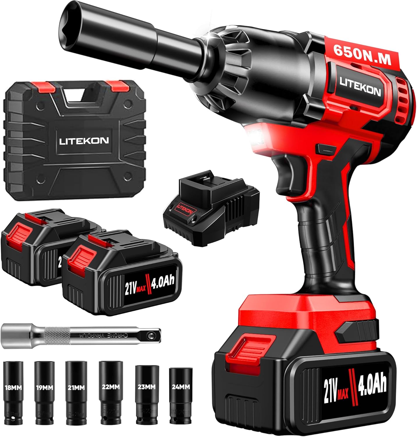 Cordless Impact Wrench 1/2 Inch, 480Ft-lbs (650N.m) Brushless High Power Impact Wrench Tool with 2x4000mAh Battery, 2500RPM High Torque Impact Gun, 7 Sockets for Home Car/Truck RV/Mower -2025 Upgraded