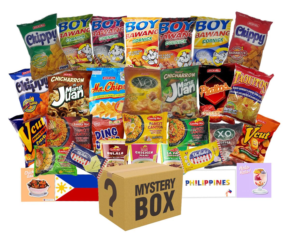 High Class Grass Philippines Snacks Box - International Snack Box, Variety Pack of 10 Authentic Filipino Foods like Boy Bawang, Lucky Me, JackNJill, Skyflakes with Philippines Flag and Food Stickers