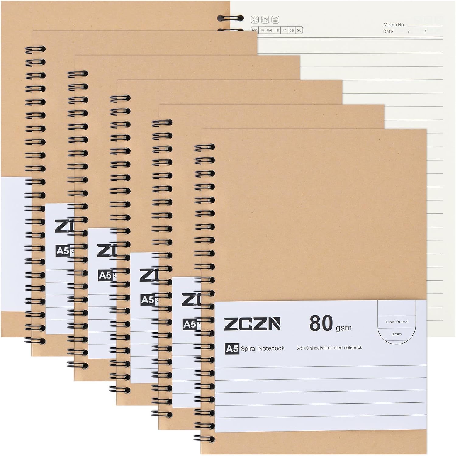 ZCZN A5 Lined Notebook, 6 Pack Spiral Notebook for School, Study, Office Use, 120 Pages/60 Sheets