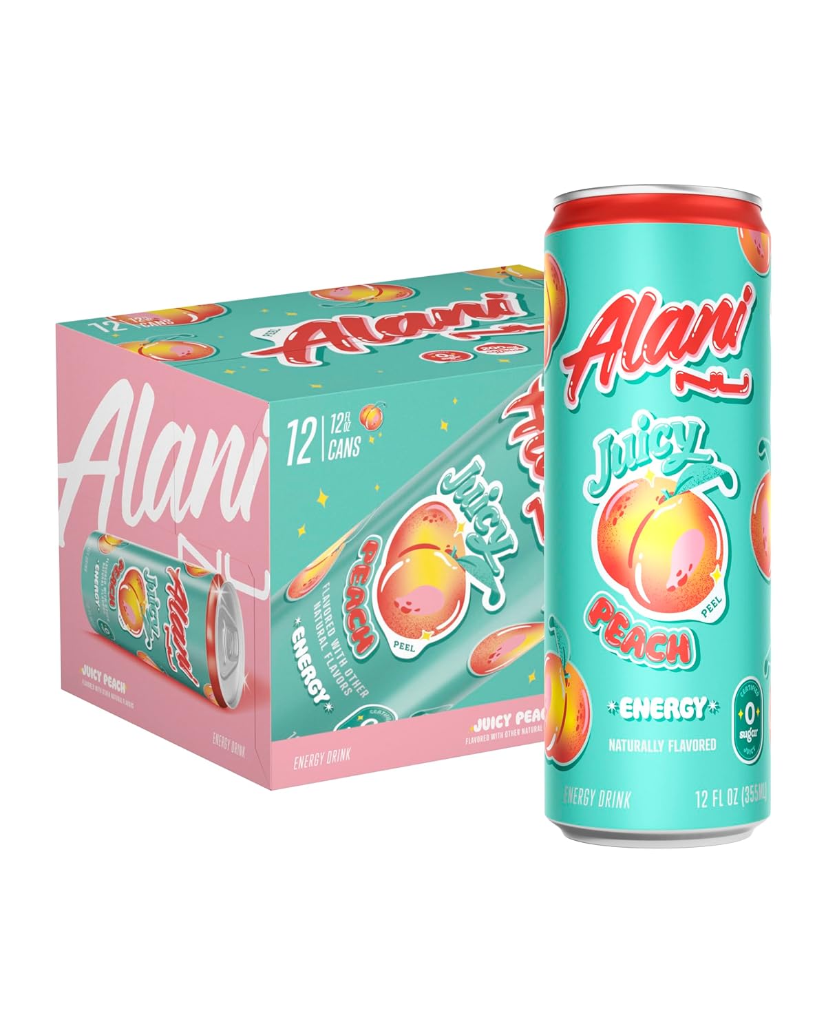 Alani Nu JUICY PEACH Sugar Free, Low Calorie Energy Drinks | 200mg Caffeine | Biotin B Vitamins | Zero Sugar | 10 Calories | 12 Fl Oz Cans | 12 Pack