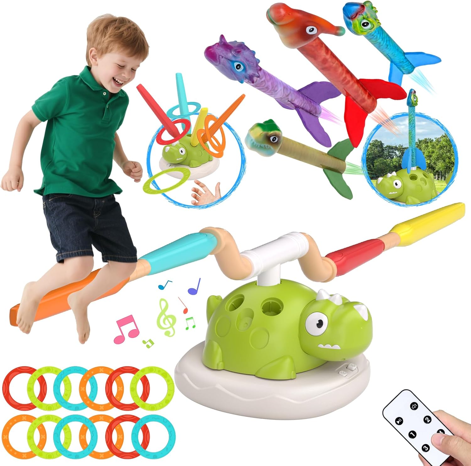 3 in 1 Garden Toys for Toddlers Age 3-5, Outdoor Children's Sports Set-Musical Jump, Ring Toss Game, Rocket Launcher Toy for Kids with Remote Control, Garden Games Gifts for Boys Girls 4 5 6 Year Old