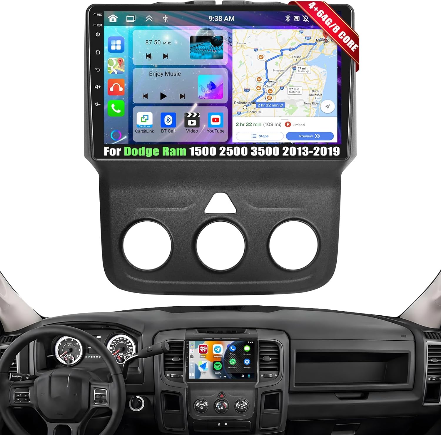 [8 Core 4G+64G] Android 13 Car Stereo for Dodge Ram 1500 2500 3500 2013-2019 with Wireless Apple Carplay Android Auto,9'' HD Touchscreen Dodge Ram Radio with WiFi,GPS/Bluetooth FM/RDS +Backup Camera