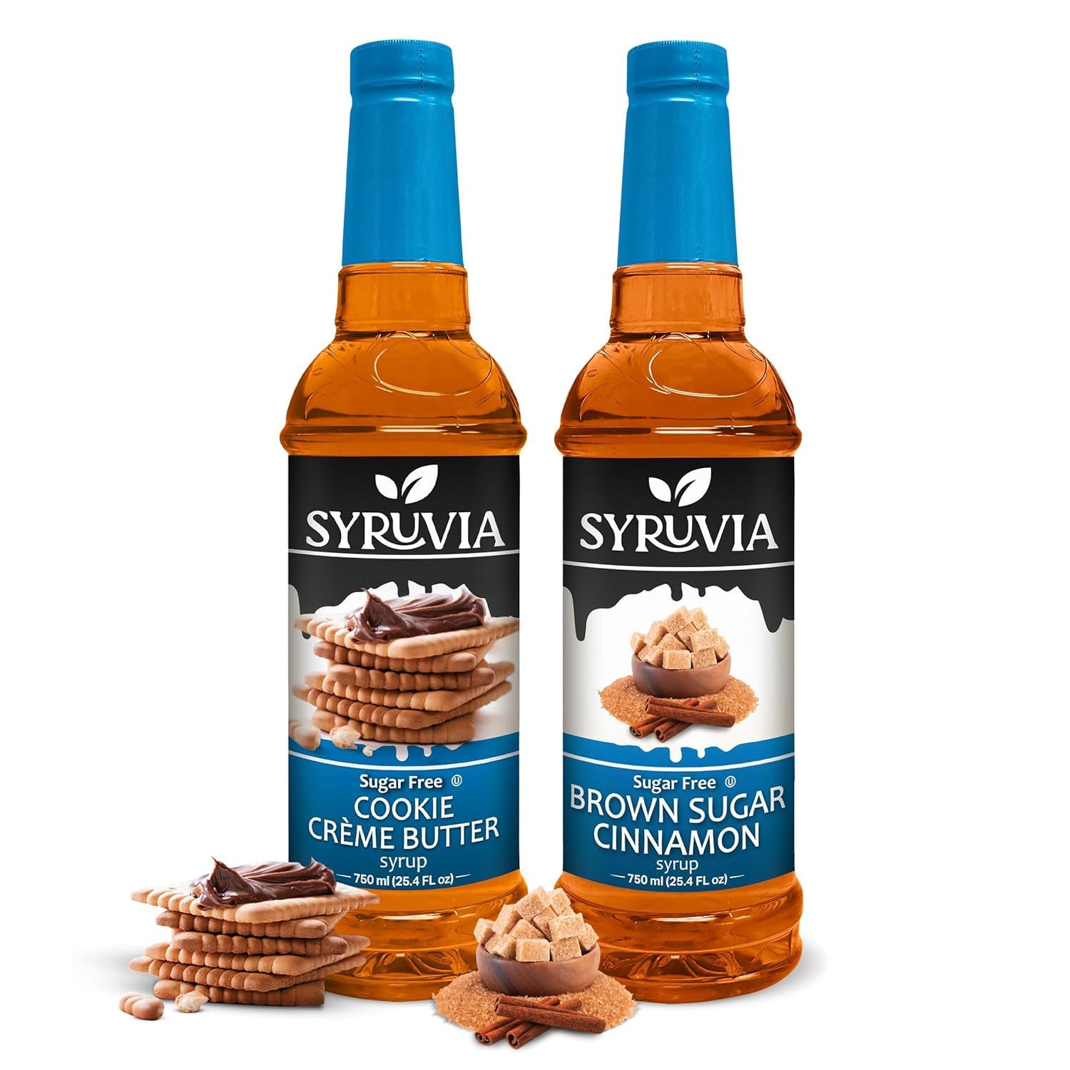 Syruvia Sugar-Free Cookie Butter & Brown Sugar Cinnamon Syrup - 25.4 fl oz Premium Coffee Flavoring Syrup. 0 Calories, Kosher and Gluten-Free. Perfect for Drinks, Sodas, Shakes, Desserts, & More.