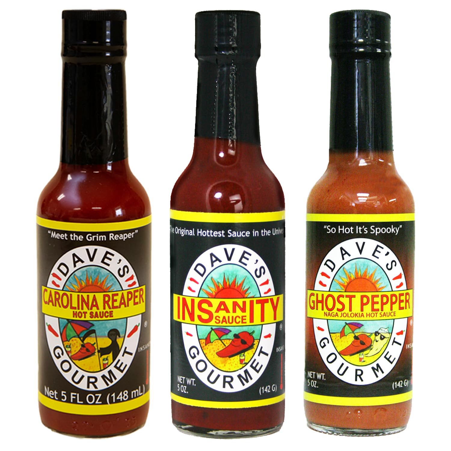 Dave's Gourmet Super Spicy Hot Sauce Variety 3 Pack - Includes Original Insanity, Ghost Pepper Naga Jolokia, and Carolina Reaper - Hot Sauce Set - Spicy Sauce for Burgers, Wings, Tacos - 5oz Bottles