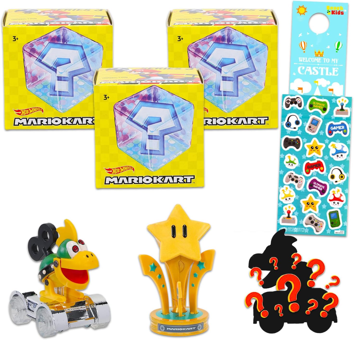 Hot Wheels Super Mario Blind Bag Toy Set - Bundle of 3 Pack Mariokart Toy Cars, Stickers, More | Super Mario Cars for Boys, Girls