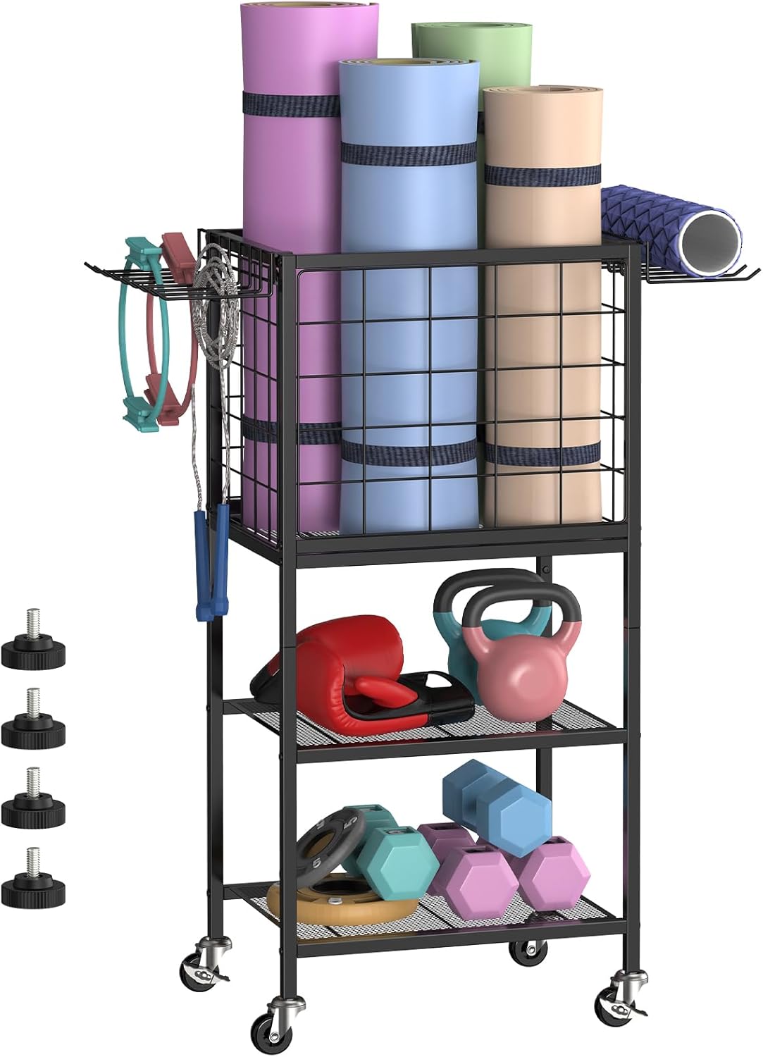 smusei Fitness Equipment Trolley, 3-Tier Sports Equipment Stand with Large Basket, Yoga Mat Storage, Metal Dumbbell Stand