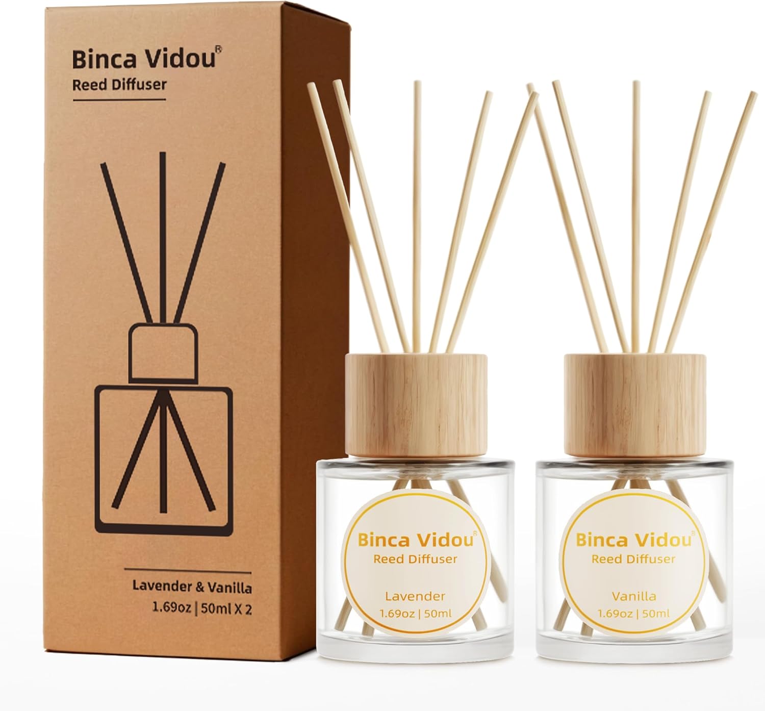 Reed Diffuser Set of 2, binca vidou Lavender, Vanilla Fragrance Reed Oil Diffuser Set with Rattan Reeds for Office Bathroom Living Room 50ml