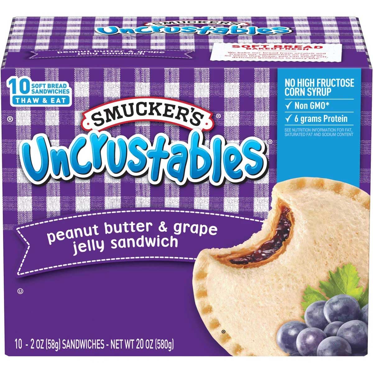 Smucker's Uncrustables Peanut Butter & Grape Jelly Sandwiches, 2 Oz Each, 60 Count Bulk Case - Frozen Grab N Go Kids Snacks