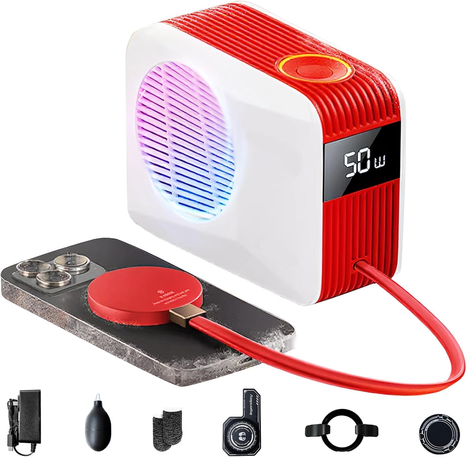 Phone Cooler for Gaming, Live Streaming, 50W Magnetic Cell Phone Cooler with Low Noise Liquid Cooling Radiator for iPhone MagSafe Series/Android/iPad/Tablet, with RGB Cooling Fan (White & Red)