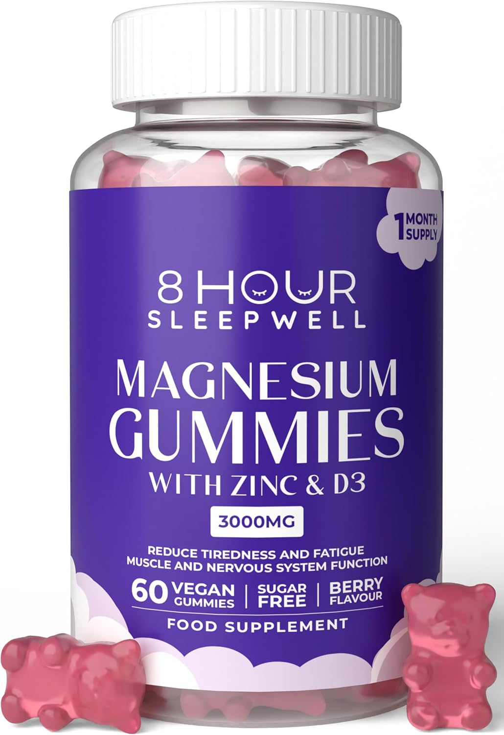 Magnesium Gummies - 60 Sugar-Free & Vegan Gummies - 3000mg High Strength & Absorption Supplement | Citrate, Zinc & D3 | 330mg Elemental Magnesium for Sleep, Stress, Muscle & Bone Support | Gluten-Free