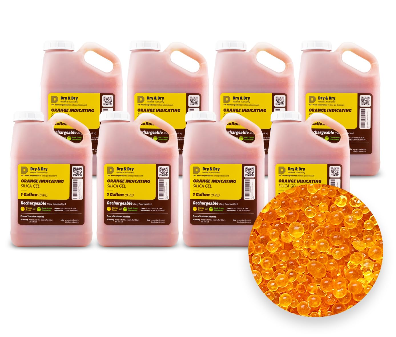 "Dry & Dry" [64 LBS] Premium Orange Indicating Silica Gel Desiccant Beads(Industry Standard 3-5 mm) - Rechargeable(8 Gallon)