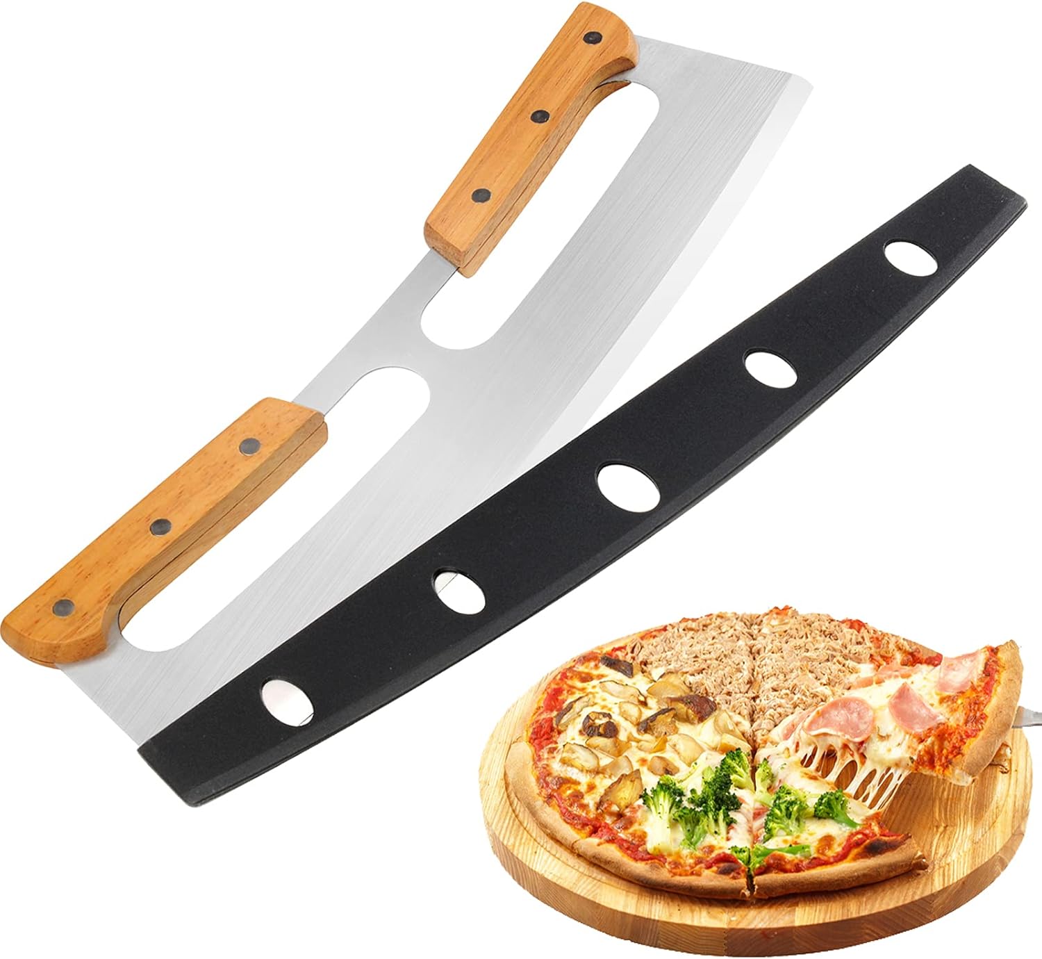 Pizza Cutter Rocker with Wooden Handles & Protective Cover, 14" Sharp Stainless Steel Pizza Slicer Wheel, Big Pizza Knife Cutters for Kitchen Tool (14inch)