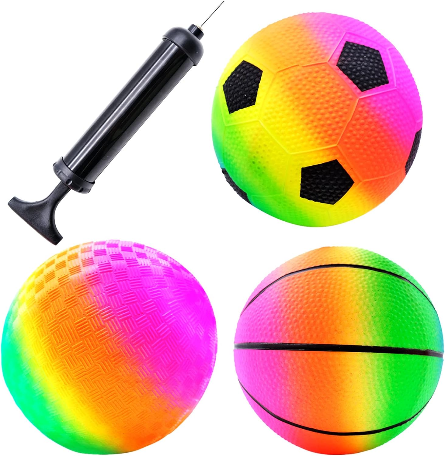 3 Pcs Toddler Sports Ball Set with Pump, Inflatable Football Basketball Rainbow Ball Outdoor Playground Garden Bouncy Beach balls for Kids Children Boys Girls Christmas Birthday Gift