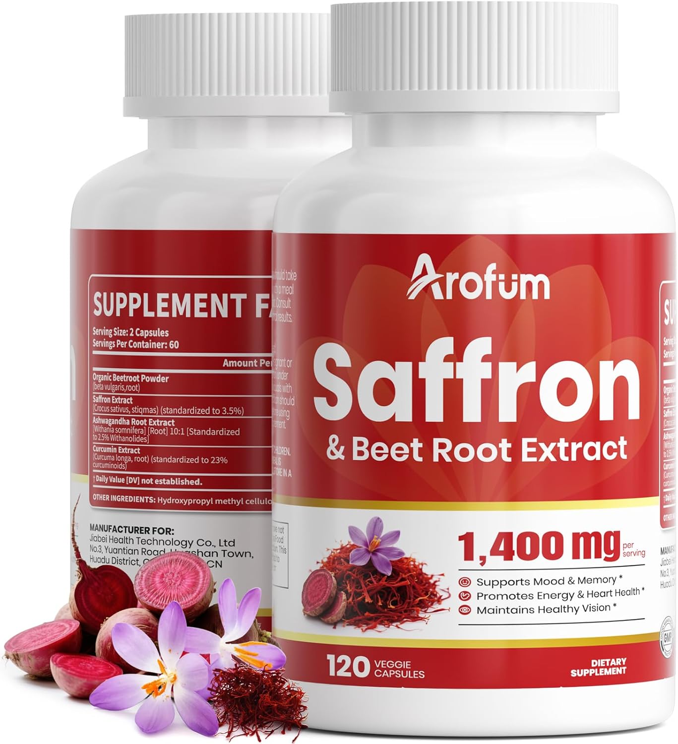 Saffron Supplements with Beet Root, Ashwagandha & Turmeric – Saffron Capsules for Daily Wellness, Plant-Based, Non-GMO, No Fillers, 120 Count