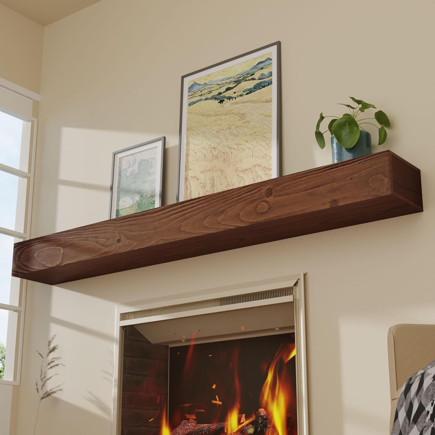 Floating Fireplace Mantel Shelf 60 inch Rustic Solid Wood Mantels for Fireplace Natural Pine Wood Mantle for Fireplace Living Room Farmhouse - 60 X 8 X 5，Rustic Traditional