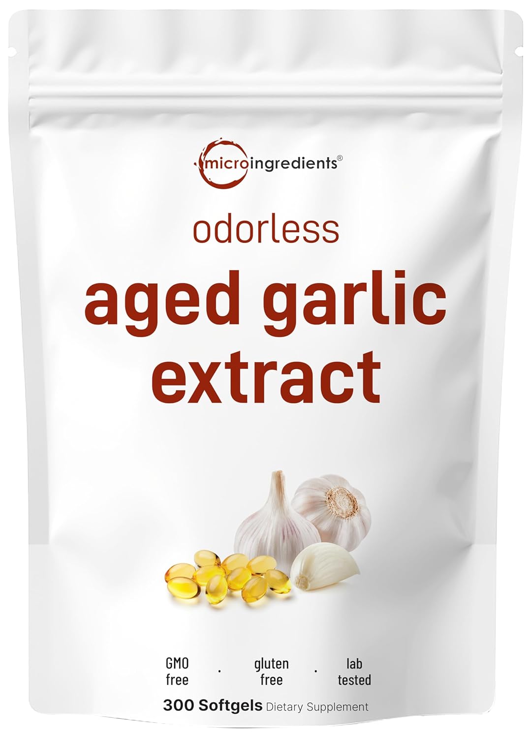 Micro Ingredients Odorless Garlic, 300 Softgels | 2 Years Aged Garlic Extract, Grown Allium Sativum Bulb | Potent Antioxidant Supplement*