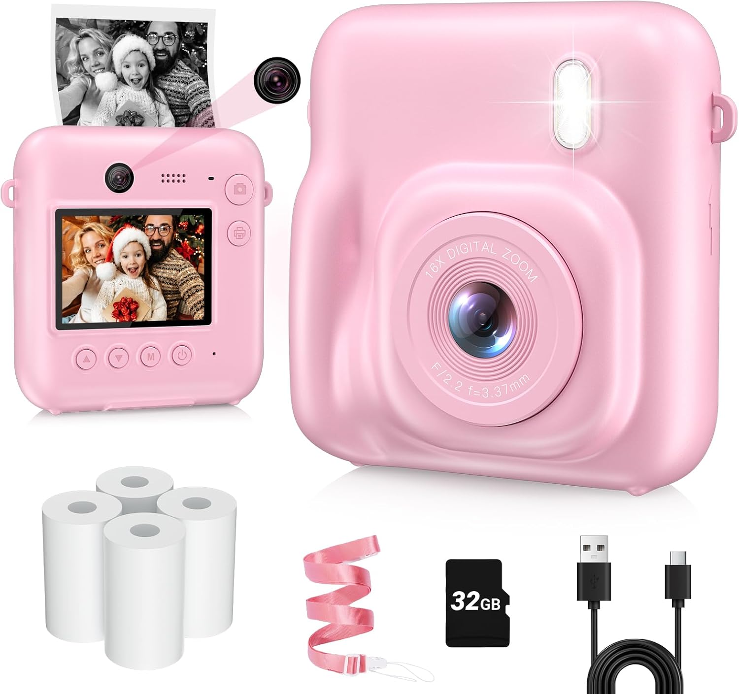 Kids Camera Instant Print, Dual-Lens 48MP Digital Camera for Christmas Birthday Gifts, 1080P Selfie Instant Cameras for Kids with 32GB SD Card, Instant Print Digital Camera for Girls Boys-Pink