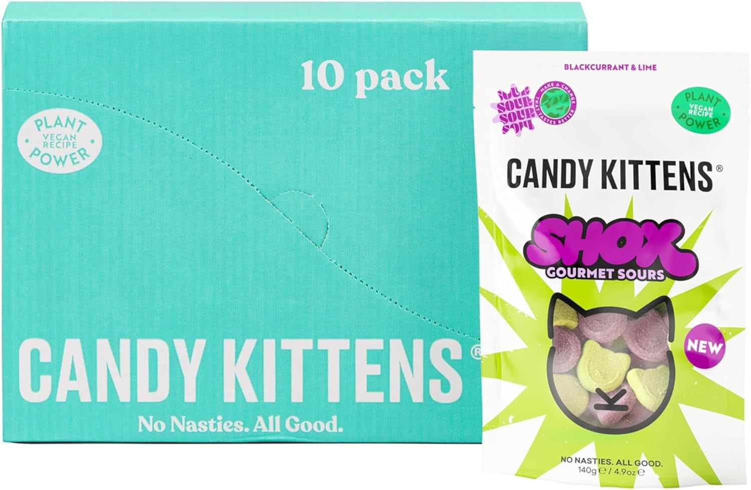 Candy Kittens Vegan Sweets, Sour SHOX Blackcurrant & Lime (140g, Pack of 10) – Fizzy Sweets, Chewy Treats with Fruity Flavors, Plant-Based, No Nasties, Vegan Snacks for All, Made with Real Fruit Juice