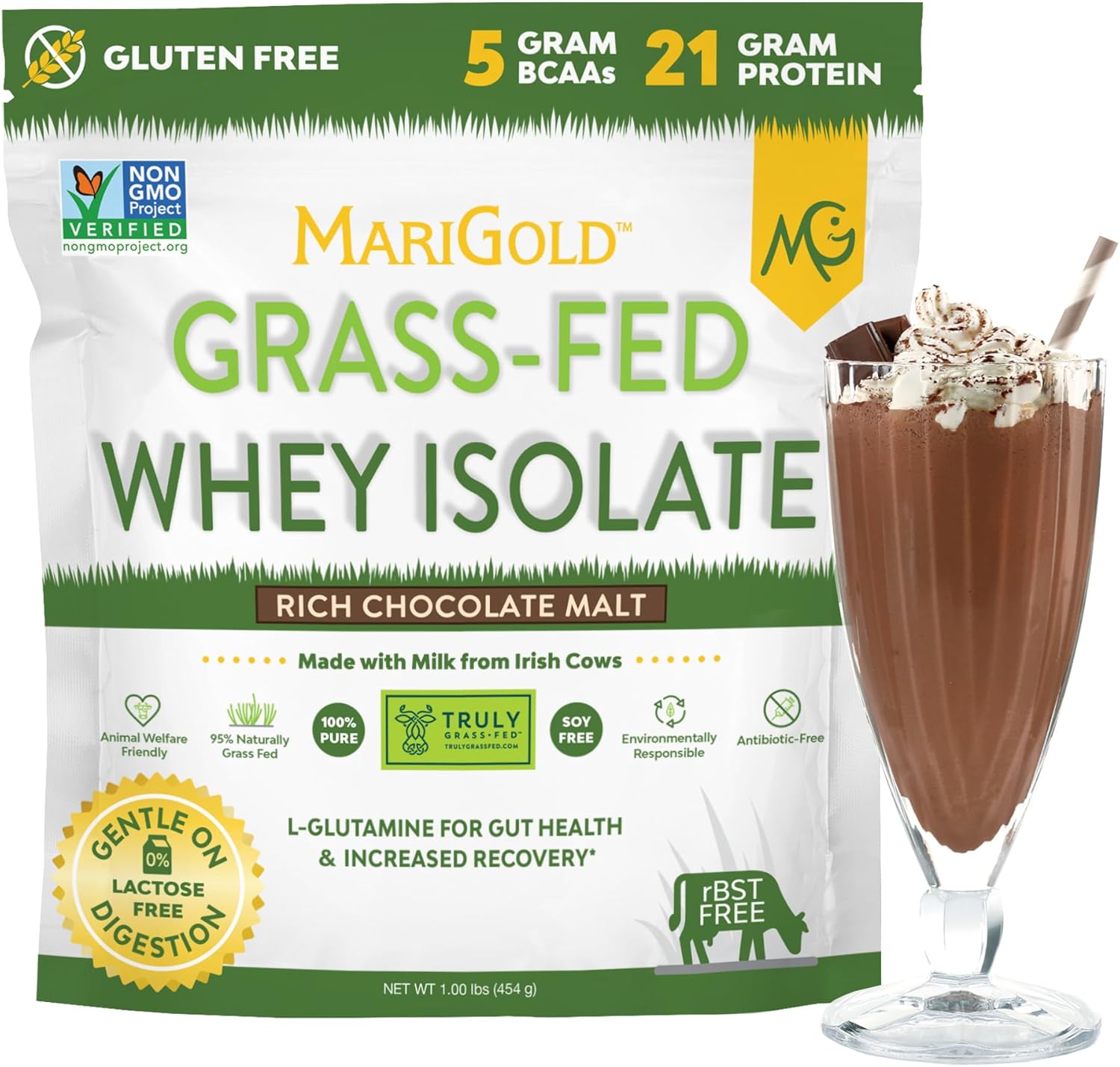 MariGold Grass-fed Whey Protein Isolate Powder - Rich Chocolate Malt Flavor - 1 Lb | 100% Pure, Cold-Processed, Micro-Filtered, Undenatured, Non-GMO, rBGH Free, Soy Free, Gluten Free, Lactose Free