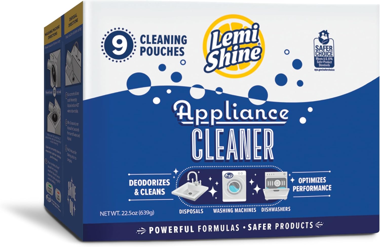 Lemi Shine Appliance Cleaner & Deodorizer | Powered by Citric Acid | 100% Guaranteed To Clean | Works As A Dishwasher, Washing Machine, & Garbage Disposal Cleaner, 9 Pouches