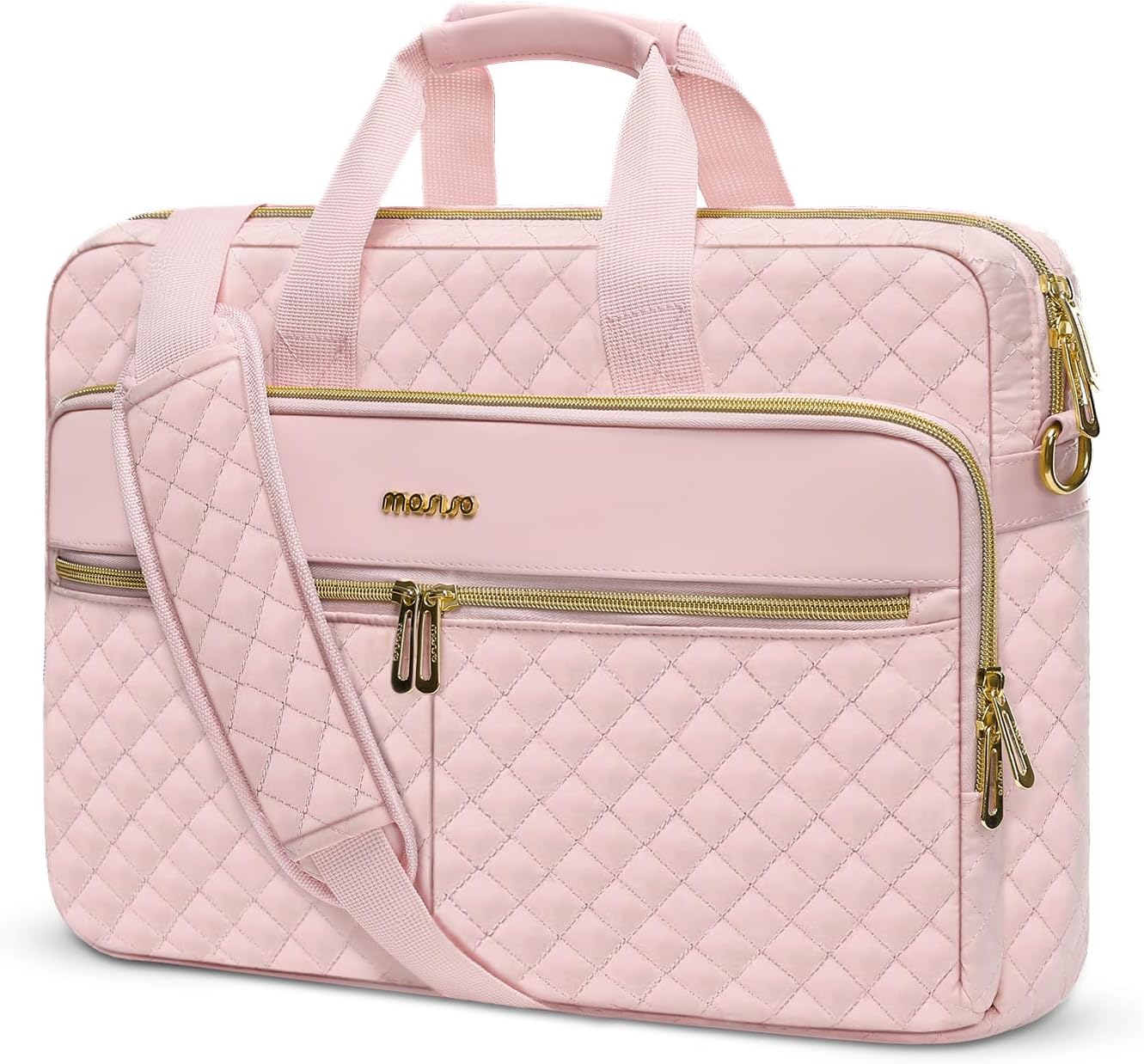 MOSISO 13-13.3 inch Laptop Bag, Briefcase for Women&Men, 14 inch Square Quilted Computer Messenger Bag Office Travel Business with 3 Pockets&Strap, Pink