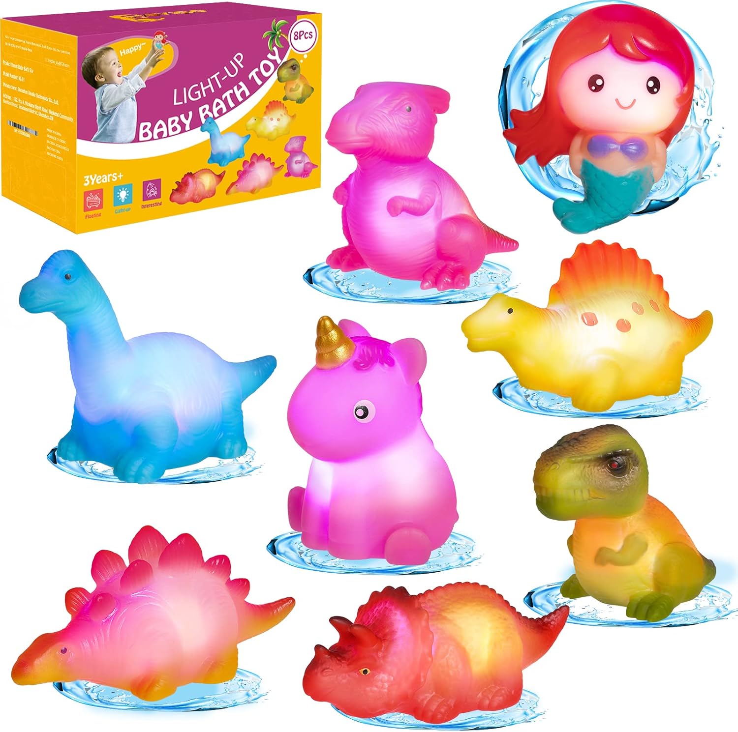 HOYIBO Baby Bath Toys - 8 Pack Bathtub Toys Toddler Bath Toys with Colorful Flashes Lights Water Toys for Toddlers Floating Light Up Bath Toys for Kids 3-5 Boys Girls Toddler Gifts