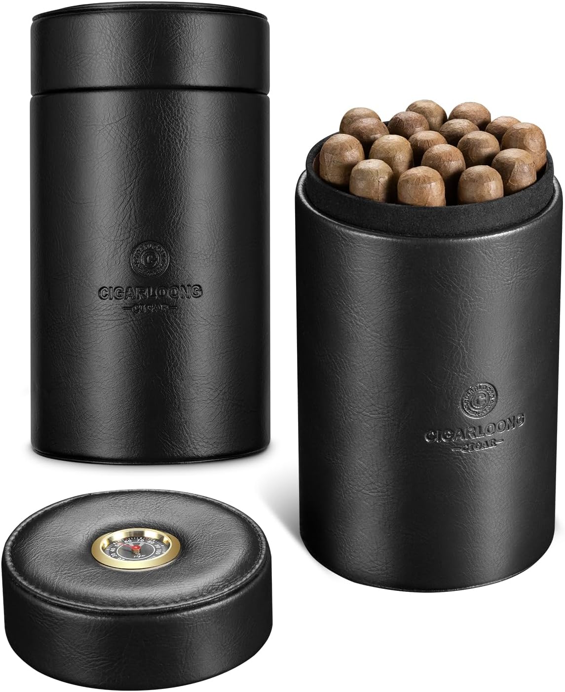 CIGARLOONG Leather Cigar Humidor with Hygrometer and Humidifier, Cigar Tube/Case Cedar Wood Lined Cigar Jar,Portable Airtight Cigar Case Tube (Black)