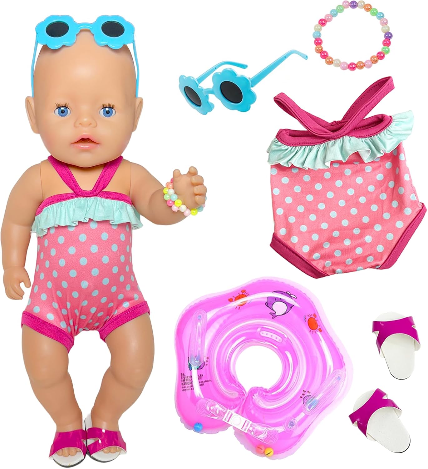 Baby Doll Clothes 14-16 Inch Swimming Baby Doll Outfit, Polka Dot Baby Swimsuit + Animal Swim Ring + Glasses + Slippers + Pearl Bracelet, 5 Pcs Sweet Doll Swimming Outfits, for Little Girls