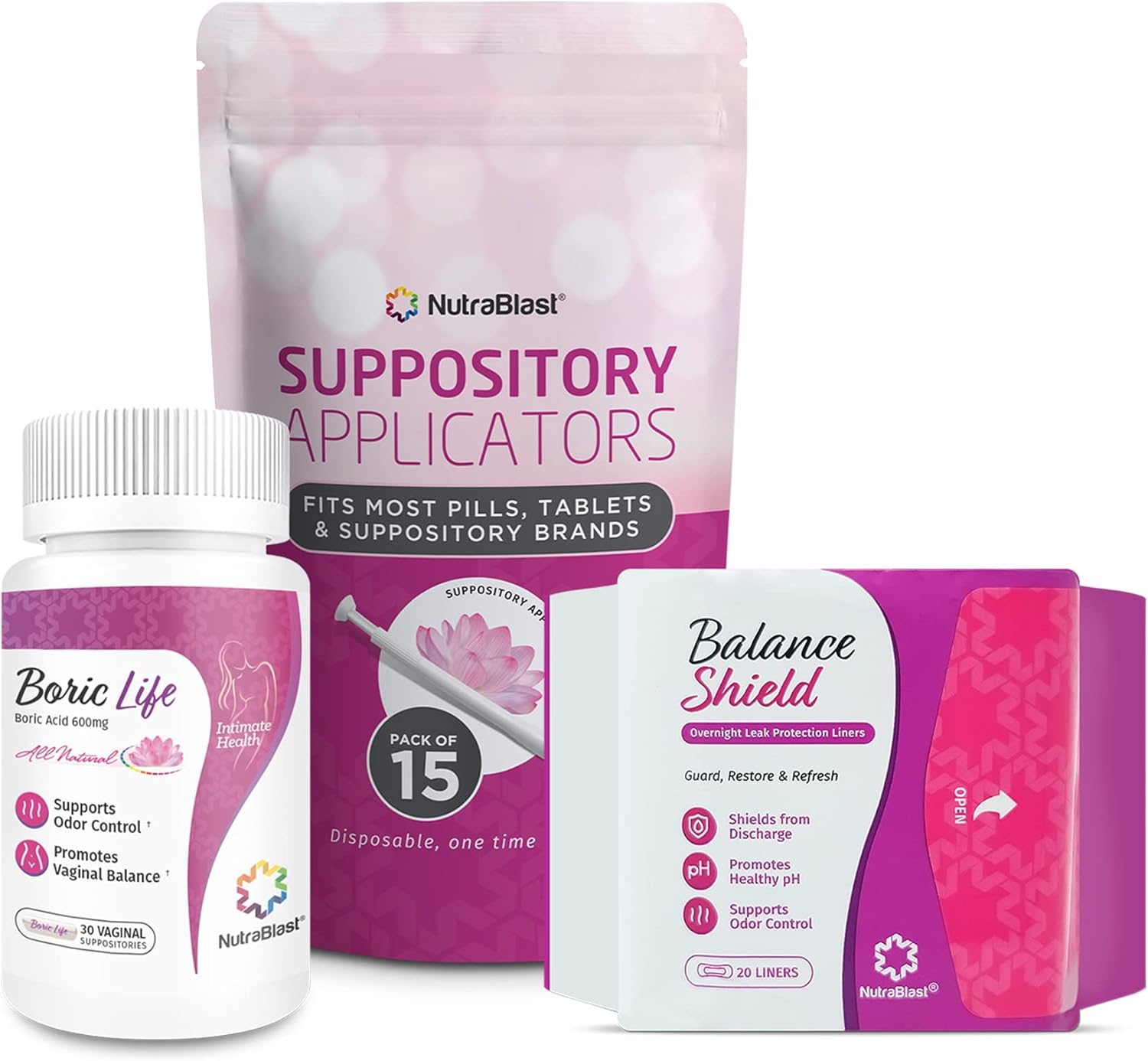 NutraBlast Boric Acid Vaginal Suppositories 600mg (30 Count) Bundle with Disposable Vaginal Applicators (15-Pack) and Balance Shield Panty Liners (180mm, 20-Pack)
