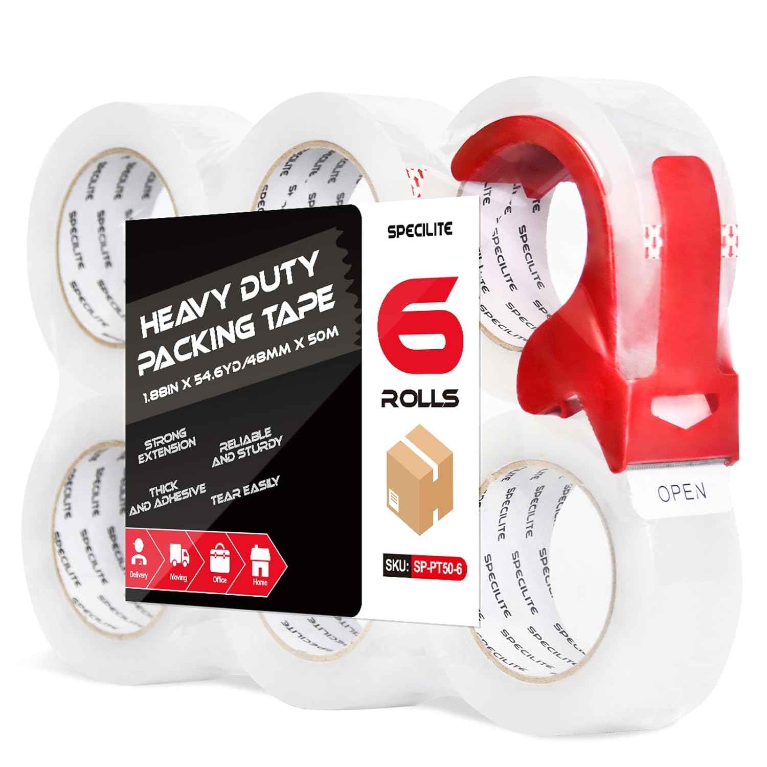 Heavy Duty Clear Packing Tape with Dispenser,6 Rolls 1.88 Inches X 55 Yards Packaging Tape,Ultra Strong, Transparent, for Shipping, Moving, Mailing, Sealing