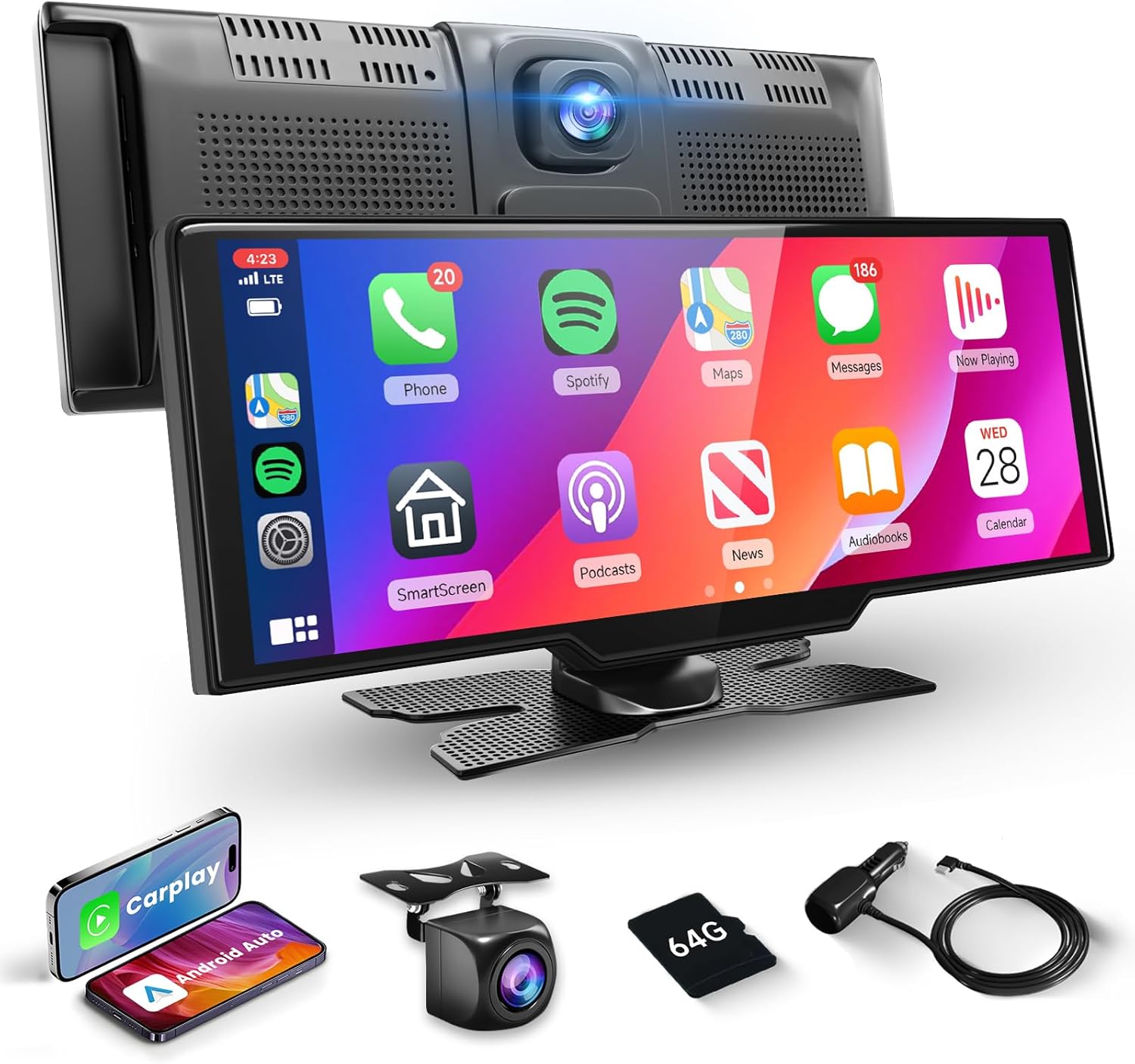 Podofo Wireless Carlay Portable Car Stereo, 9.3 Inch HD IPS Carplay Screen with Android Auto, 2.5K Dash Cam, 1080P Backup Camera, Loop Recording, 64G TF Card, Navigation, Dual Bluetooth, AUX/FM