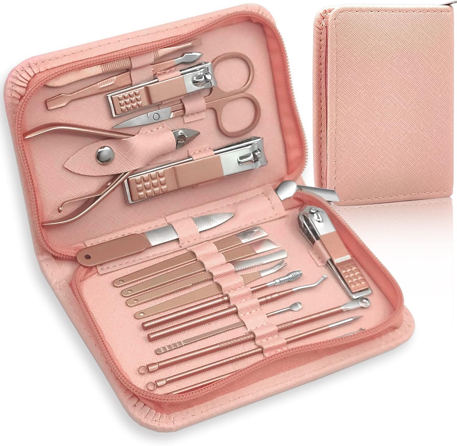 Manicure Set Professional Nail Clippers Kit Pedicure Care Tools with Zipped Bag for Women - 18 in 1 Grooming Tools Kit for Travel & Home（Rose Gold）
