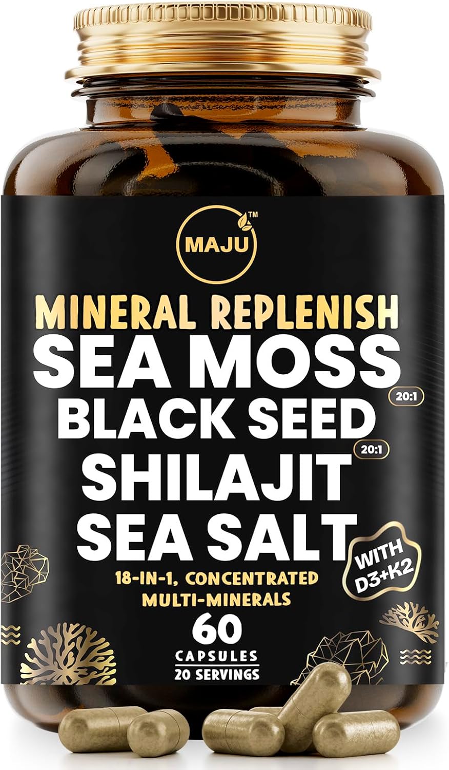 Maju Superfoods 18-in-1 Sea Moss, Black Seed, Shilajit, Sea Salt + D3 & K2, Concentrated Extracts, Trace Multi Mineral Capsules, for Men & Women Mineral Electrolytes Supplements