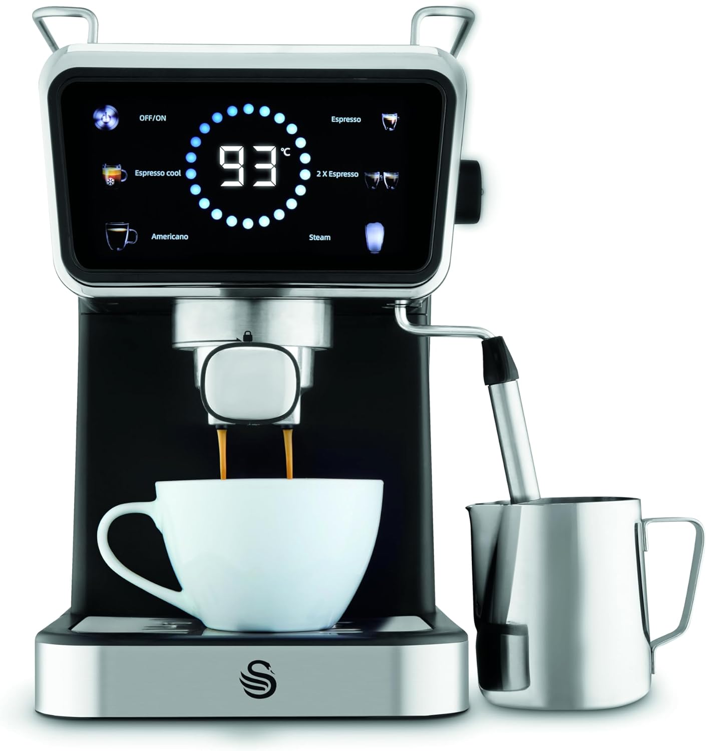 Swan SK22113BLK Core Pump Espresso Digital Coffee Machine, Digital Touch Controls, 5 Pre-Sets, 20 Bar Pressure, Built-in Milk Frother, 1.5 Litre Water Tank, Black