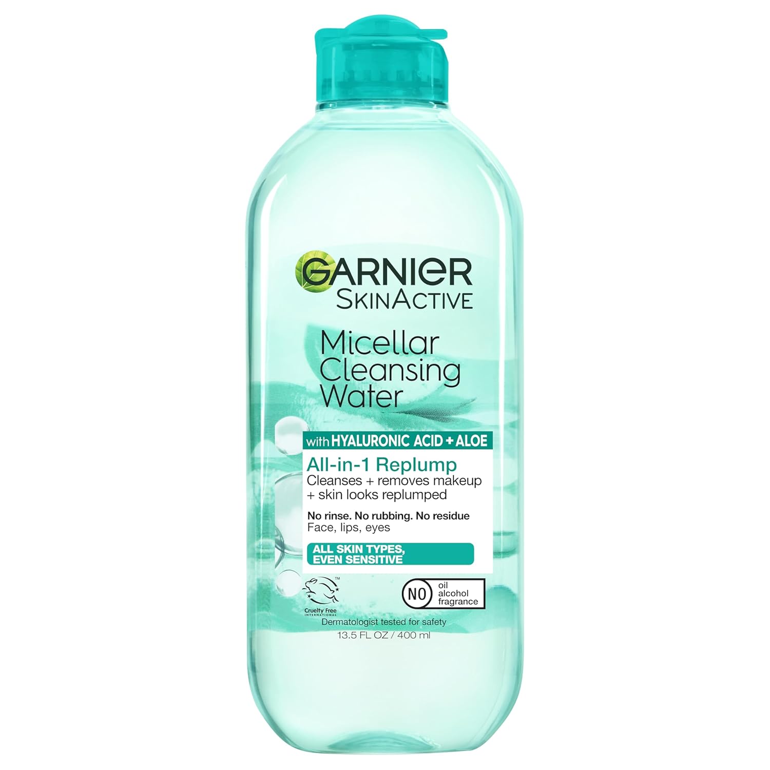 Garnier Micellar Water with Hyaluronic Acid, Facial Cleanser & Makeup Remover, Hydrating and Plumping, For All Skin Types, Vegan, Cruelty Free, 13.5 Fl Oz (400mL), 1 Count