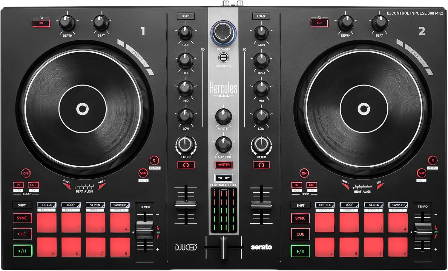 Hercules DJControl Inpulse 300 MK2 with Rubber Pads, Serato DJ Lite Software and Beatmatch Guide
