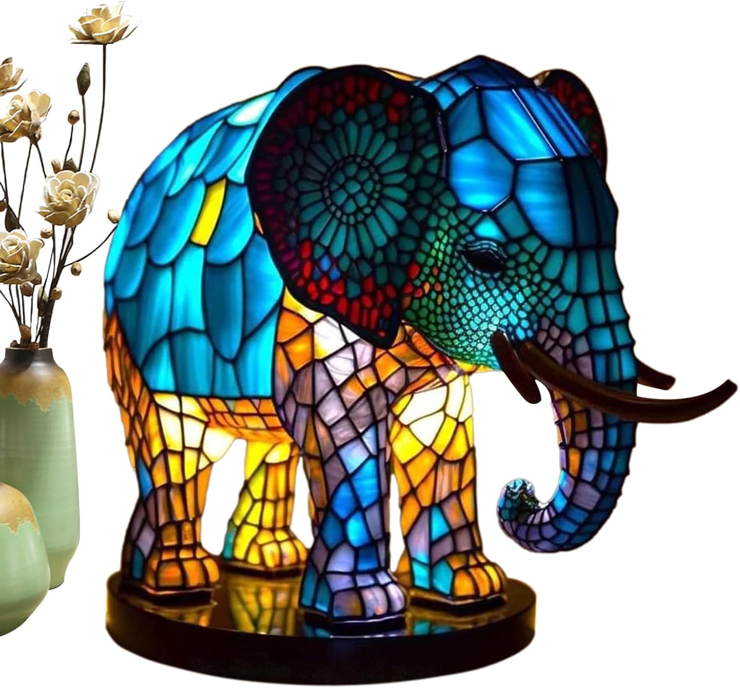 Animal Shape Table Lamp | Vintage Tiffanies Style Stained Glass Lamp, Painted Elephant/Panda/owl/Horse Table Lamp, Resin Night Light for Bedroom/Living Room, Aesthetic Room Decor for Bedroom