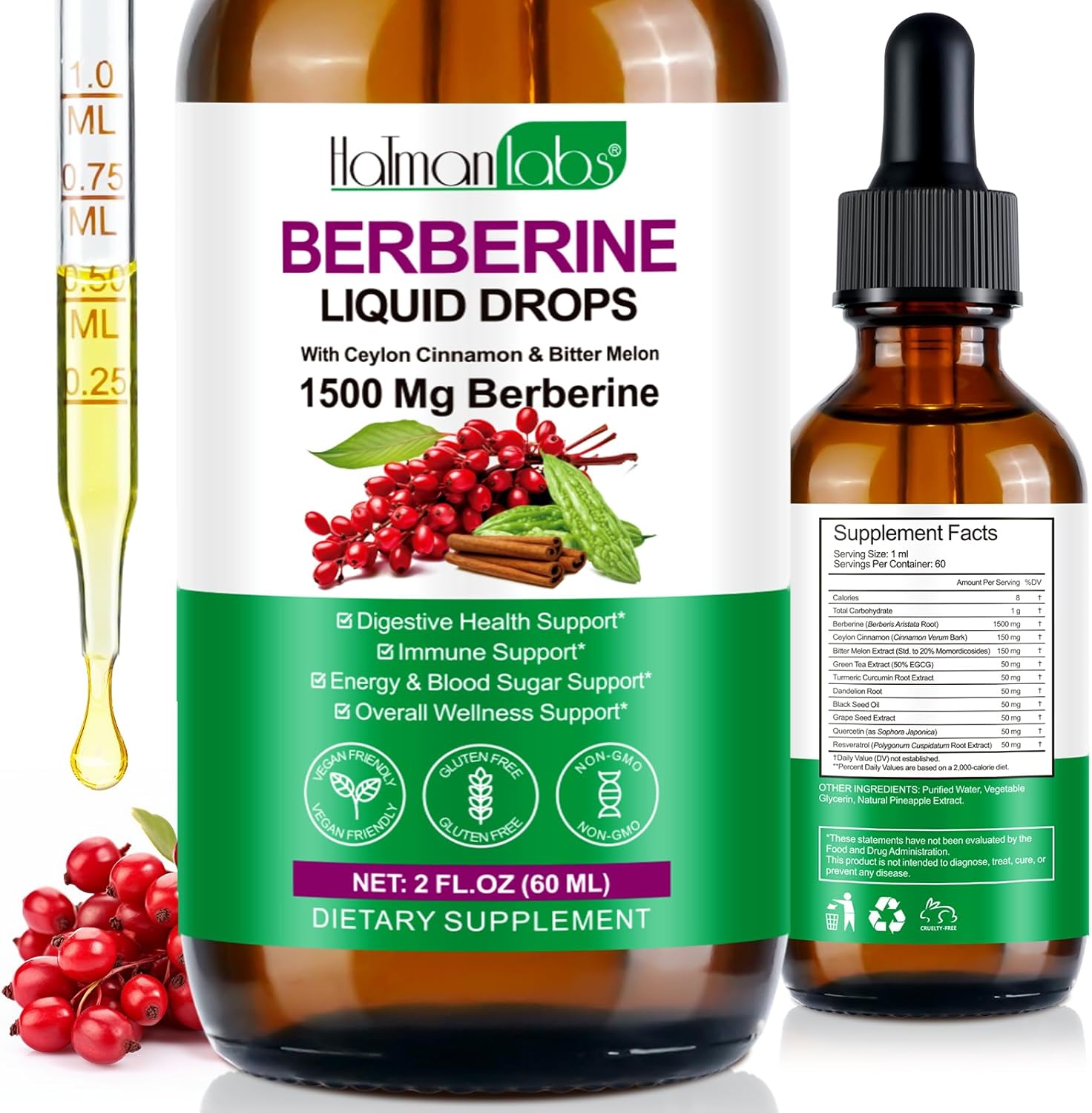 Berberine Liquid Drops,10:1 Extract Berberis Supplements Activates AMPK & GLP-1-Supports Reduces Body Burden in Women and Men,10X Strength Vegan Supplement for Immune & Digestive Support
