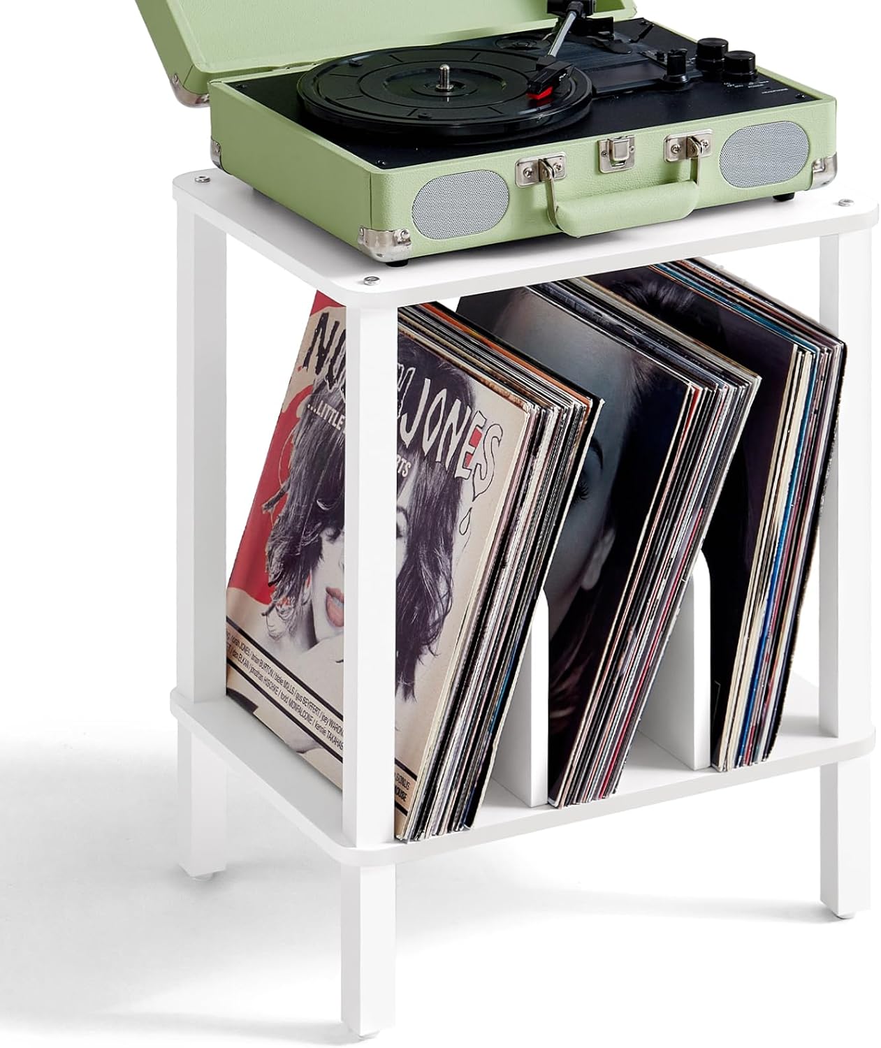 LELELINKY 2-tier bamboo turntable stand with vinyl records storage up to 100 albums, boho bedroom record holder and multi-function end table for living room,White