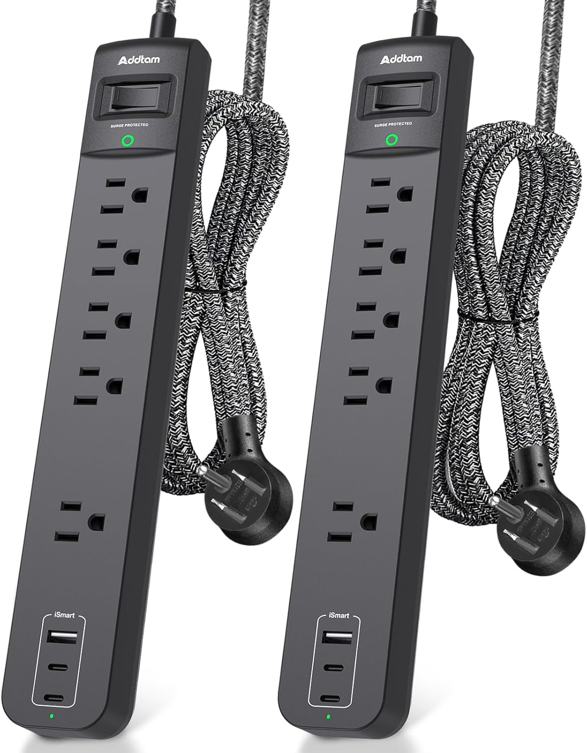 2 Pack Power Strip Surge Protector - 5 Widely Spaced Outlets 3 USB Charging Ports, 1875W/15A with 6Ft Braided Extension Cord, Flat Plug, Overload Surge Protection, Wall Mount for Home Office
