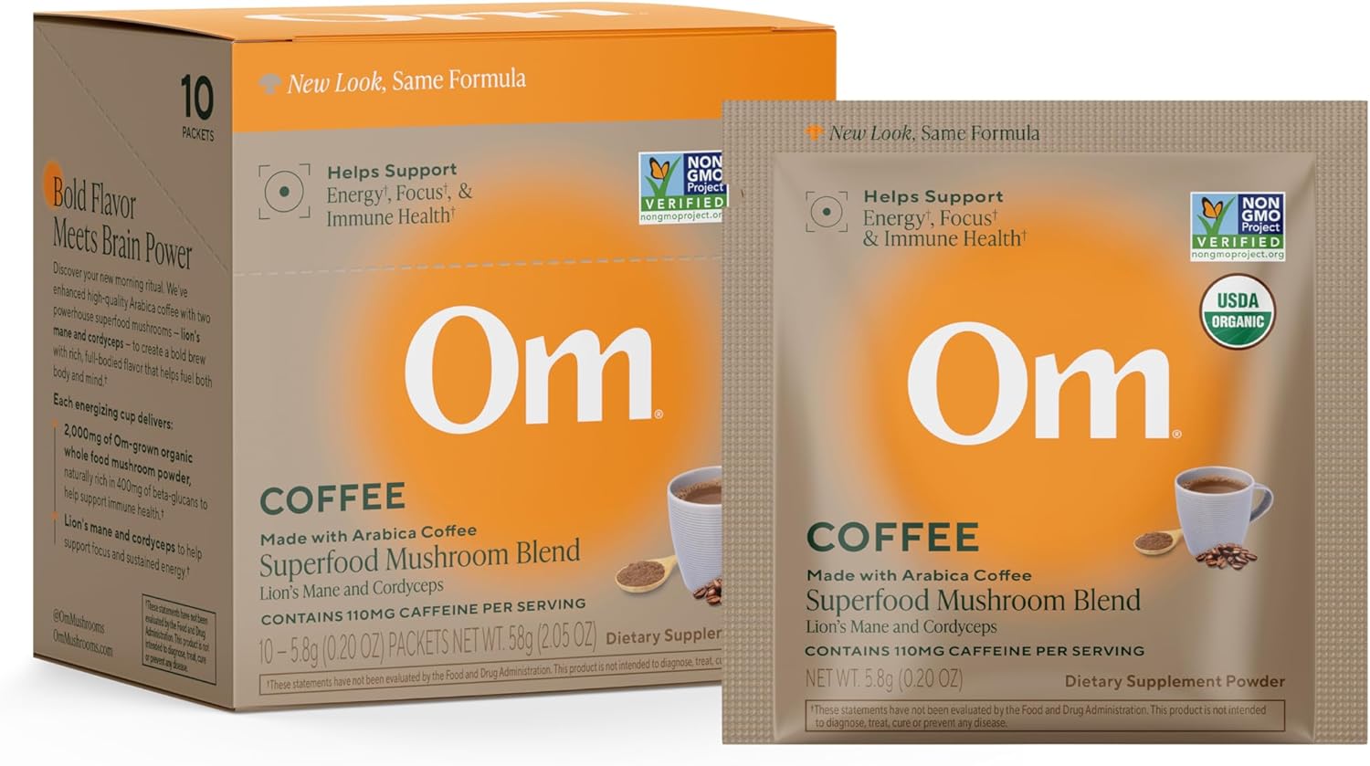 OM MUSHROOM SUPERFOOD Instant Coffe – Organic Arabica with Lion’s Mane, Cordyceps, Reishi, Turkey Tail & Ginkgo Biloba – Supports Energy, Focus & Mental Clarity – Single Serve Pack (10 Count)