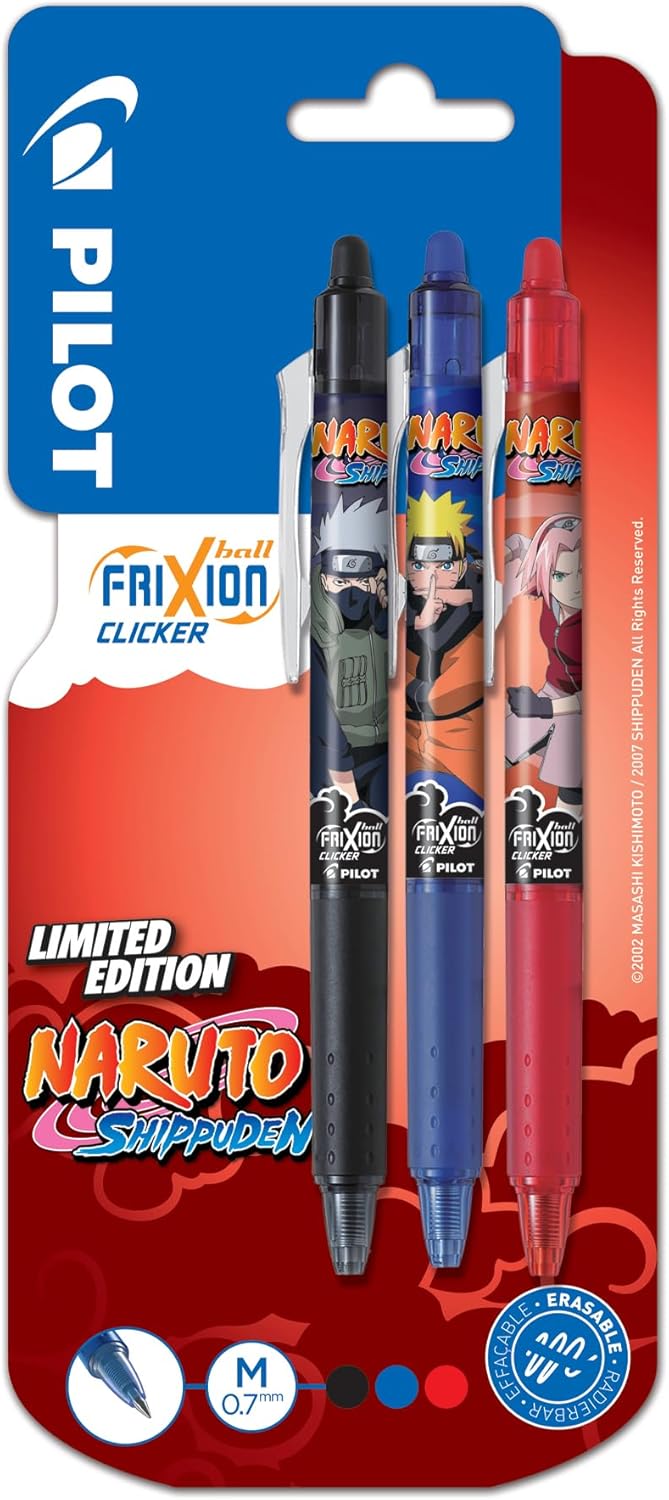 Pilot x NARUTO - 3 FriXion Ball Clicker Pens, Black, Blue, Red - Erasable Pens - Limited Edition Naruto Shipudden - Retractable Rollerball Pens - Medium Point
