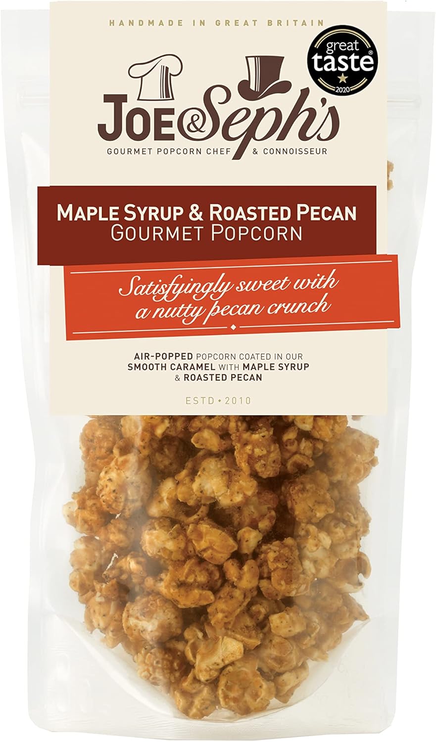 Joe & Seph's Maple Syrup & Roasted Pecan Gourmet Popcorn (1x80g) |1 Star Great Taste Award, gourmet popcorn, air-popped popcorn, popcorn bag, on the go snack, sweet popcorn, nuts
