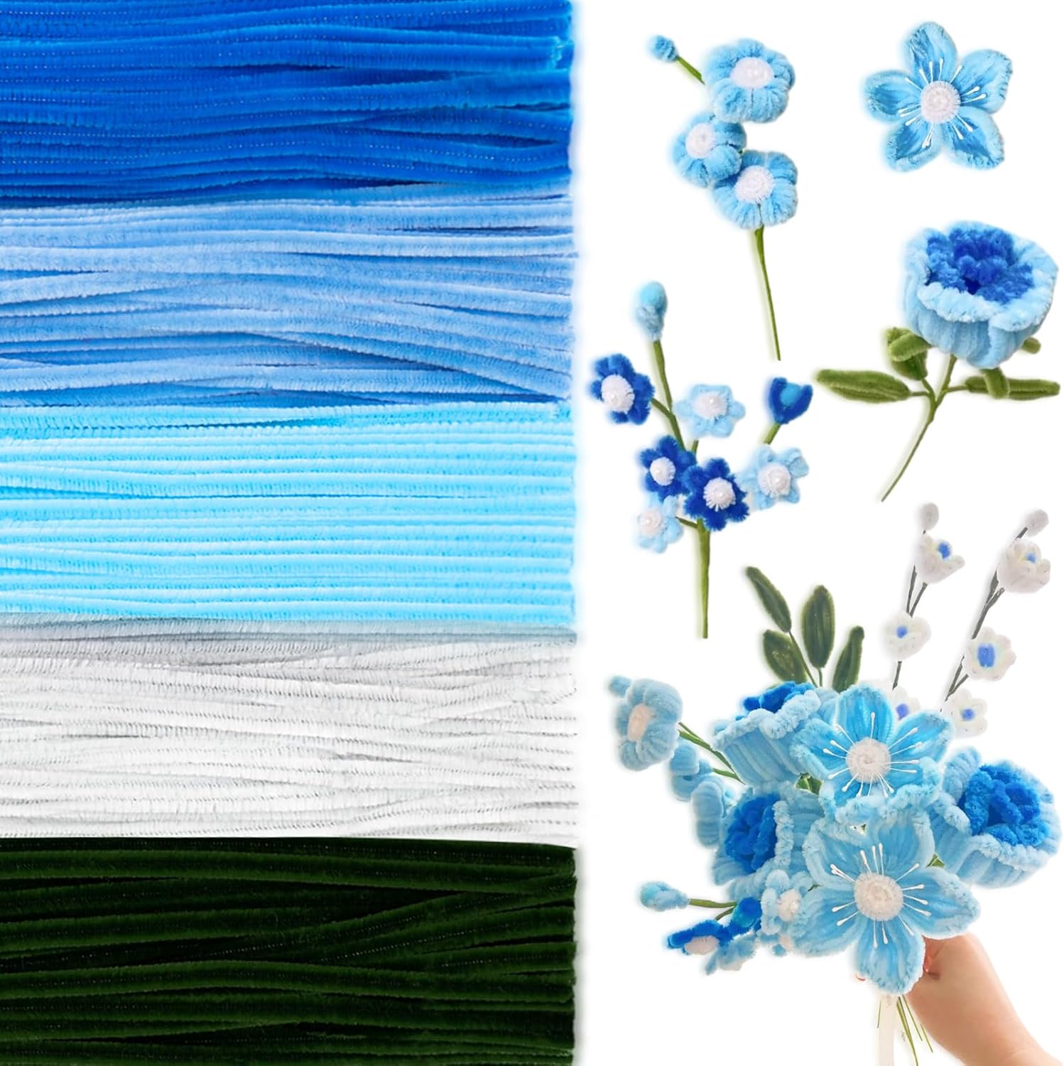 Peryiter 500 Pieces Pipe Cleaners Chenille Stems for Flowers Craft Supplies Bulk Fluffy Fuzzy Sticks for DIY Art Projects Creative Gift Wrapping Party Decorations(Blue Flower Color,12 Inch)