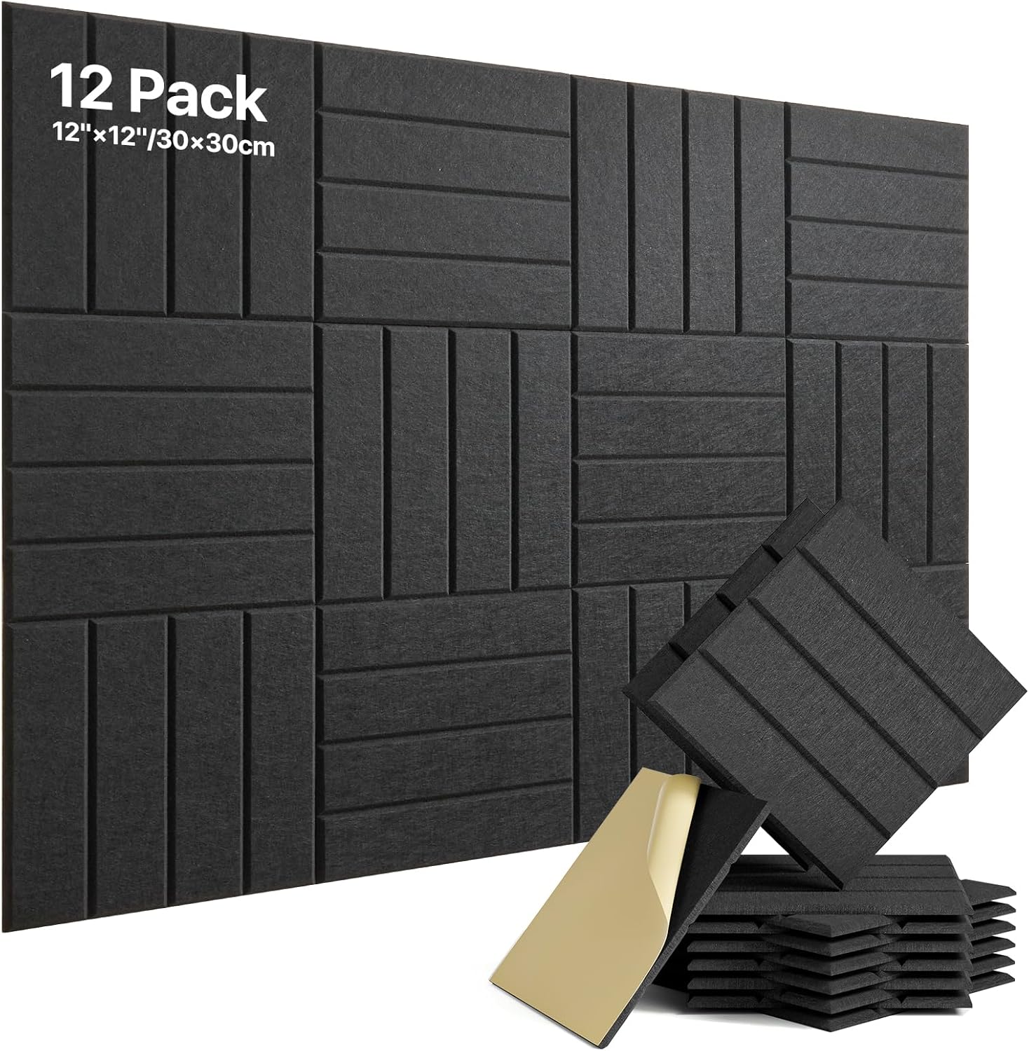 Soundsbay Acoustic Wall Panels Self-adhesive, 12 Pack Sound Proofing Panels High Density Sound Absorbing Panels for Podcast Studio, Living Room, Offices, Black 30x30x0,9cm