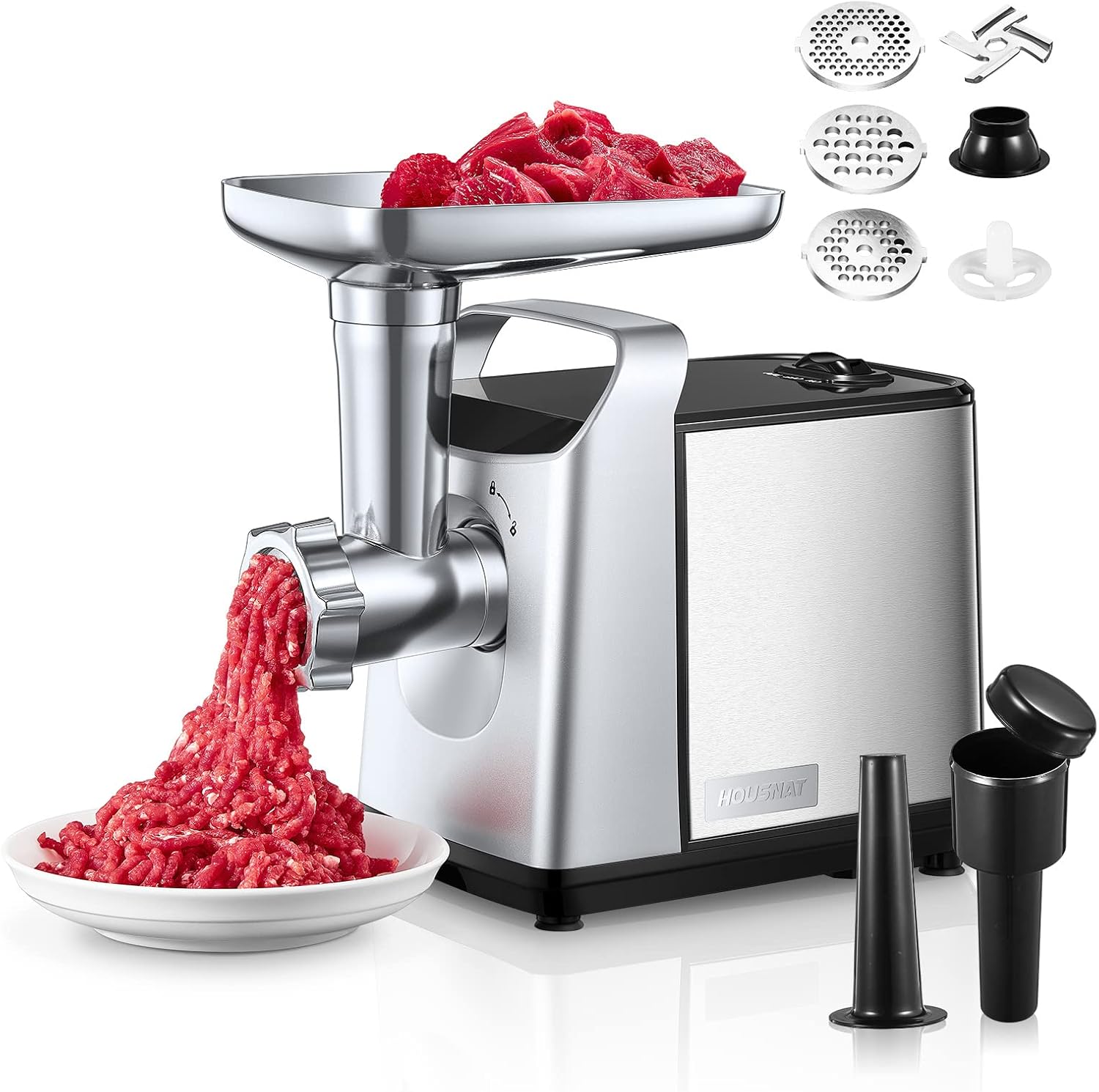 Electric Meat Grinder, 3 in 1 Stainless Steel Mincer Machine & Sausage Stuffer & Kubbe Kit Included, Copper Motor, Storage Box & Reverse Function, 3 Cutting Plates & Kibbe Attachment for Home Use
