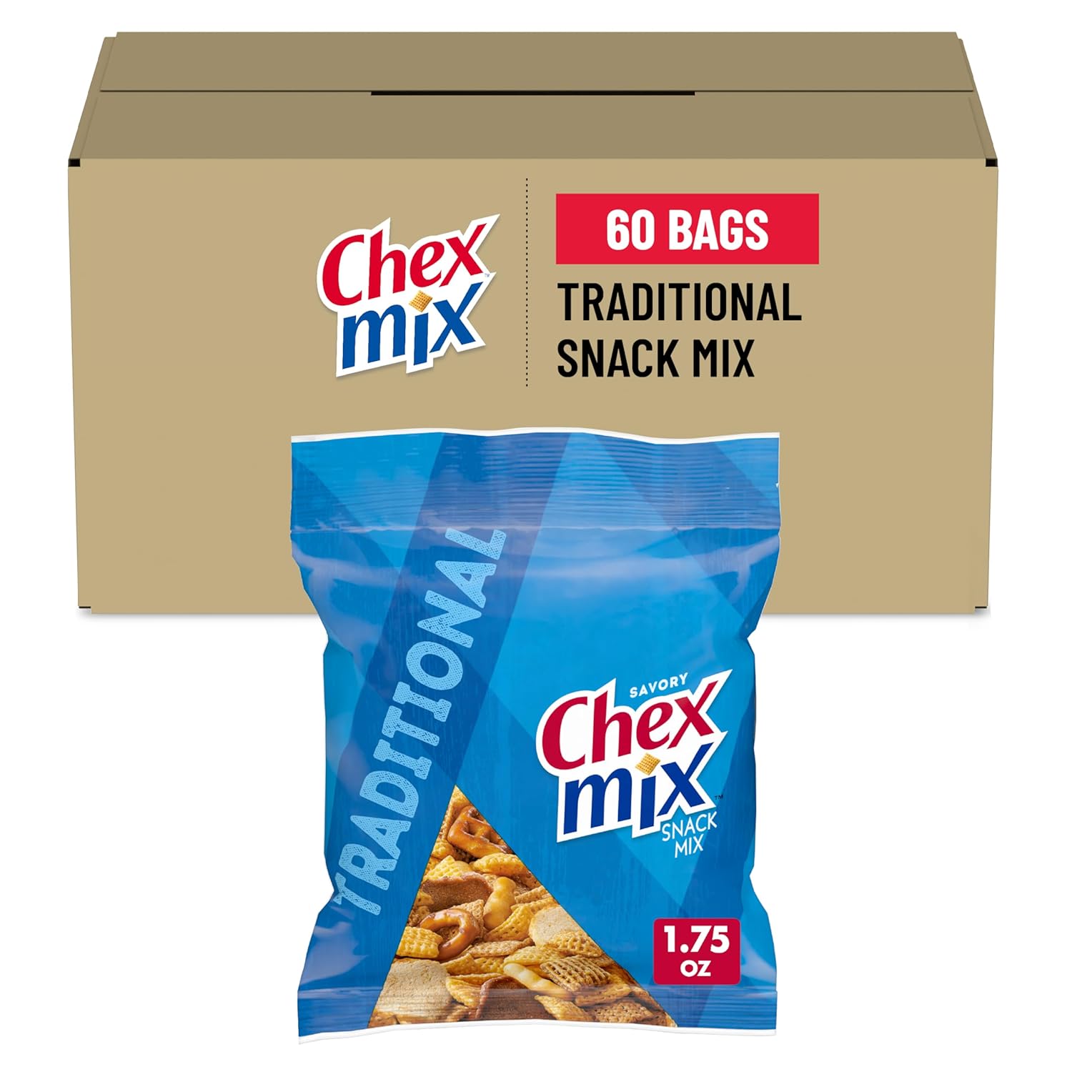 Chex Mix Traditional Flavor Snack Mix, 1.75-Ounce Single Serve Bags (Pack of 60)